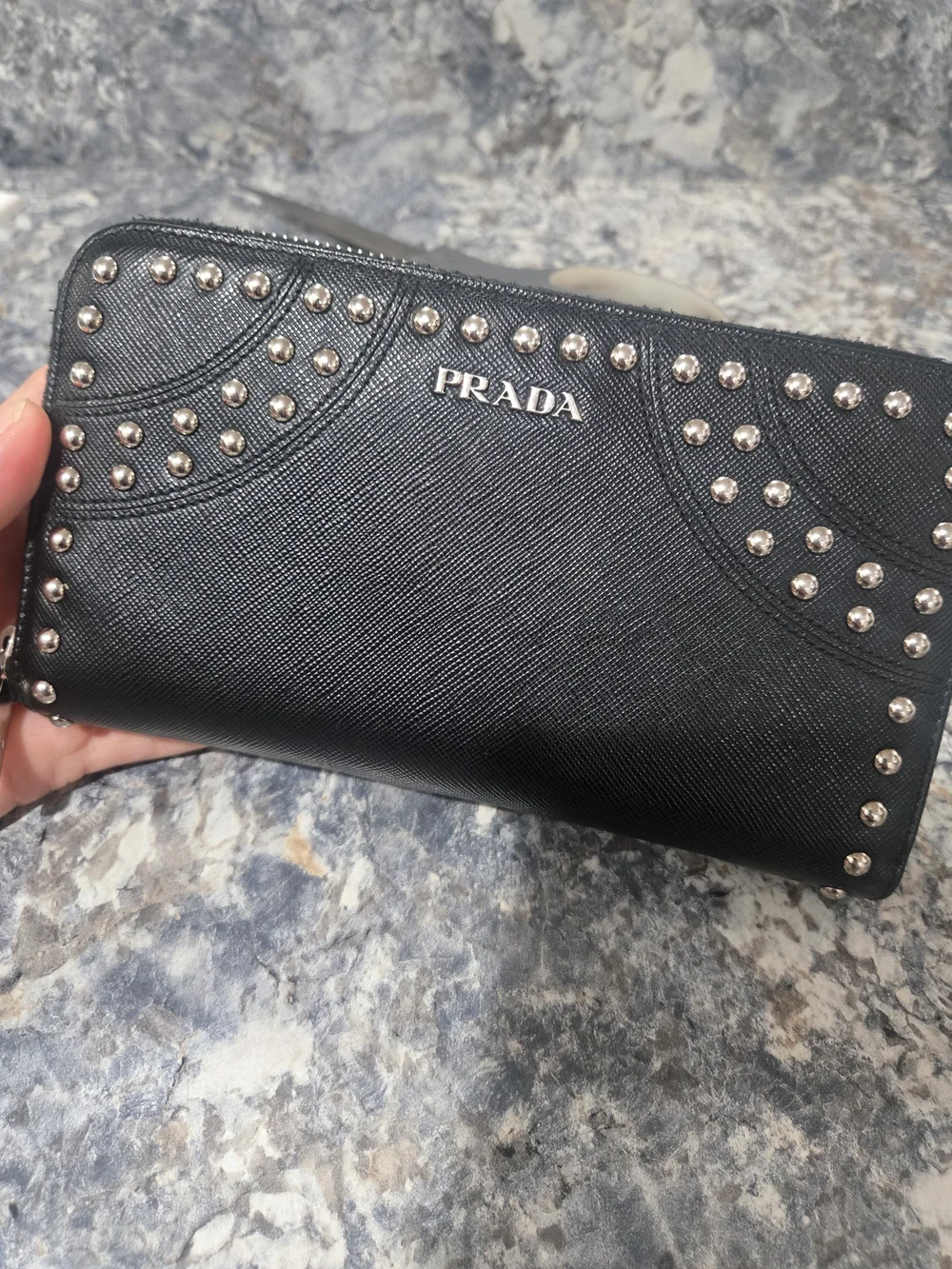 Prada Saffiano Leather Studded Zip Long Wallet